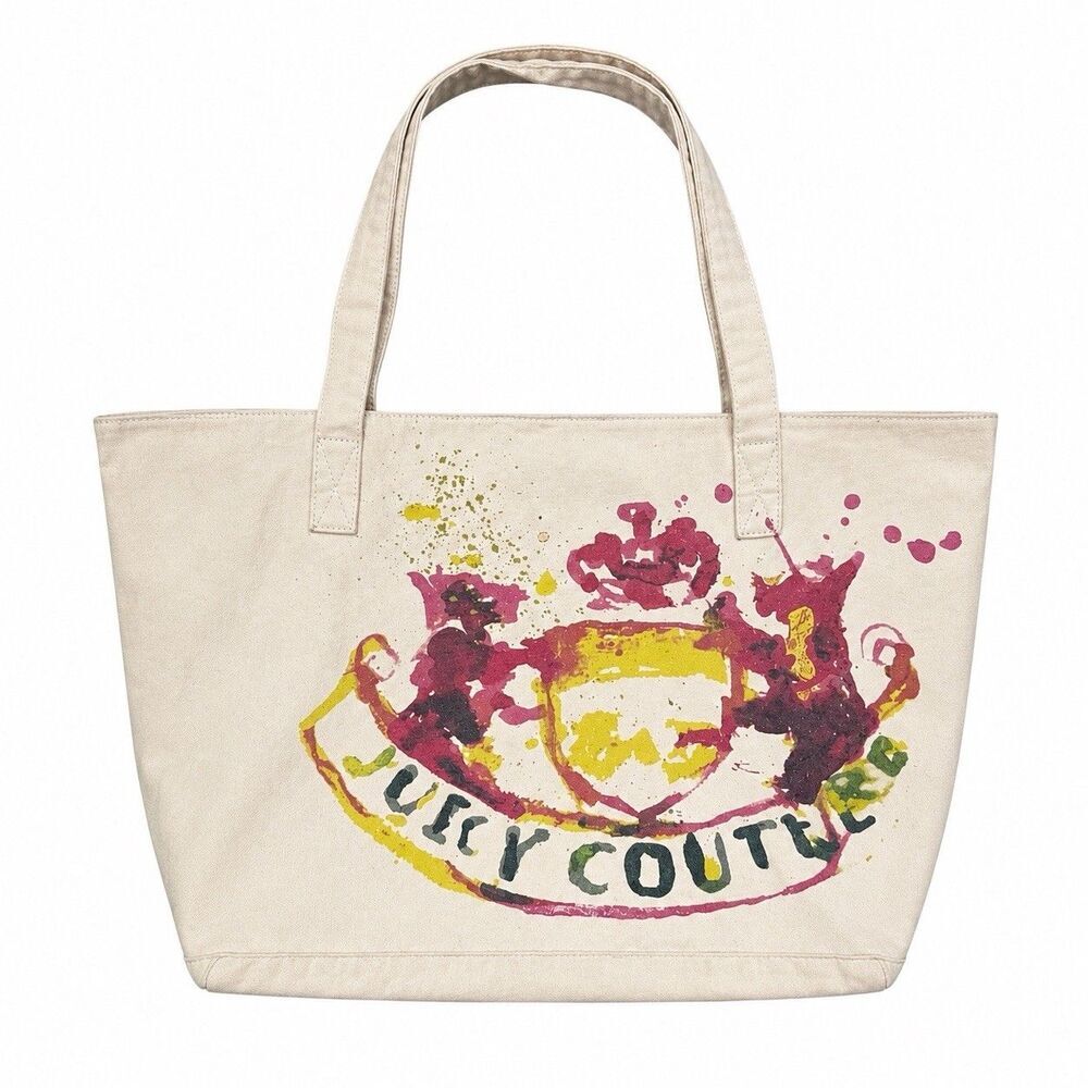 Juicy Couture Gen Y Watercolor Crest Canvas Tote Bag Cream Pink Splash New